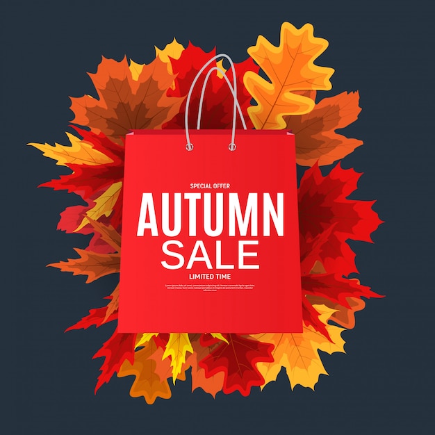 Banner de venta de hojas de otoño brillante. tarjeta de descuento comercial.