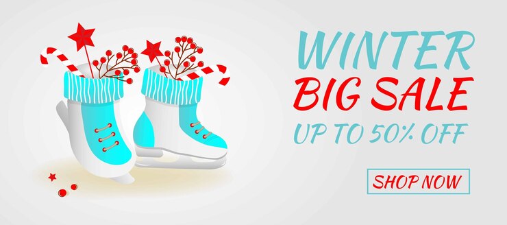 Vector banner de venta de invierno patines con estrellas de caña de caramelo y bayas de serbal sobre fondo gris