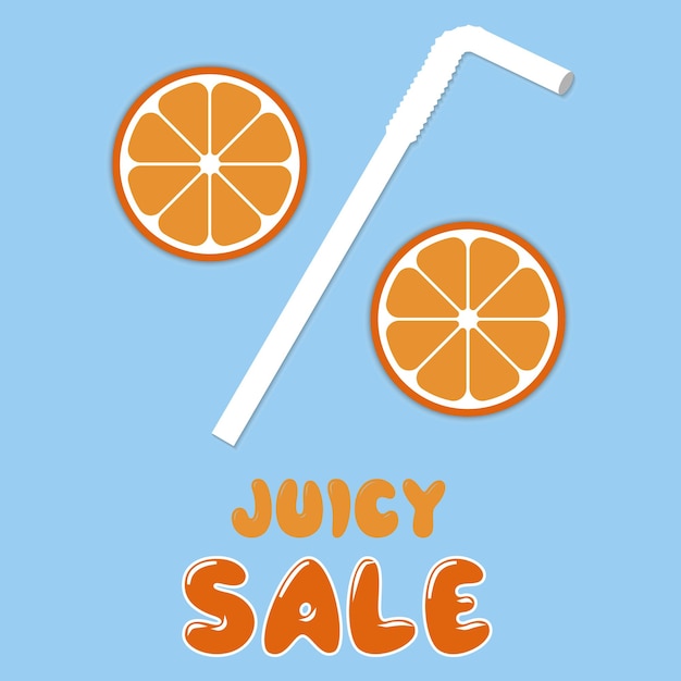 Banner de venta jugosa de verano cartel de oferta de descuento ilustración con rodajas de paja y naranja como porcentaje