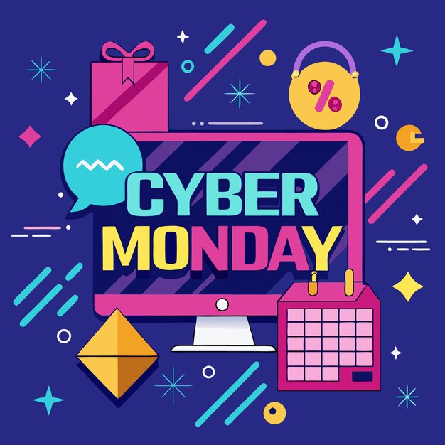Banner de venta del lunes cibernético con calendario de regalos para computadoras y elementos geométricos