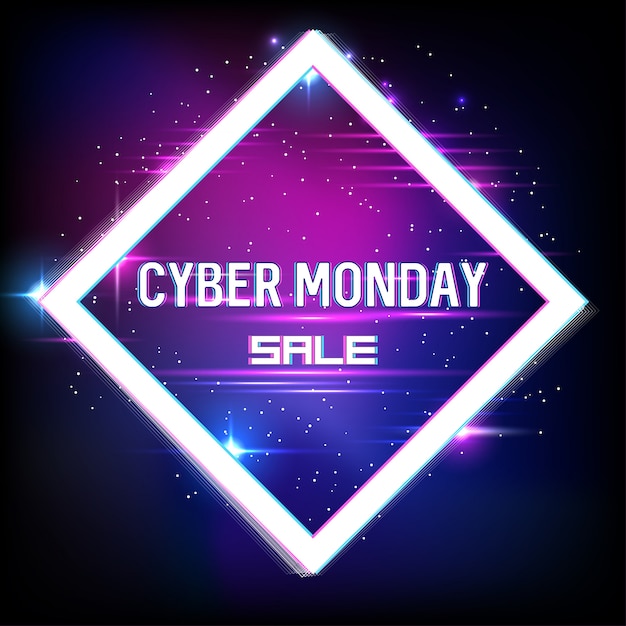 Banner para la venta del lunes cibernético con efectos de neón y glitch. cyber monday, compras en línea y marketing. cartel .