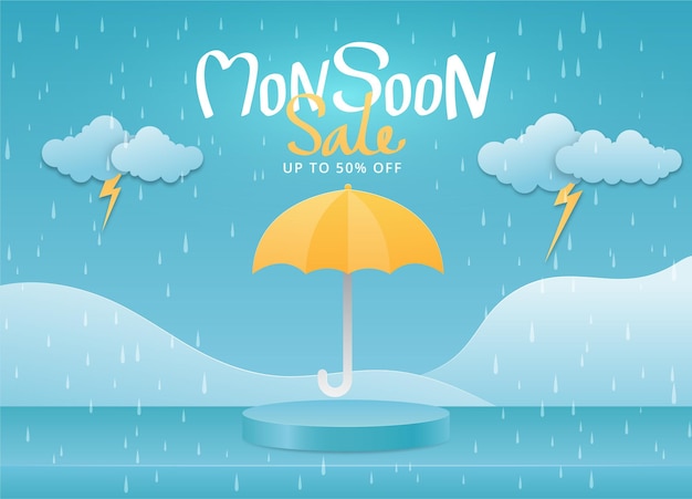 banner de venta de monzón con fondo de lluvia