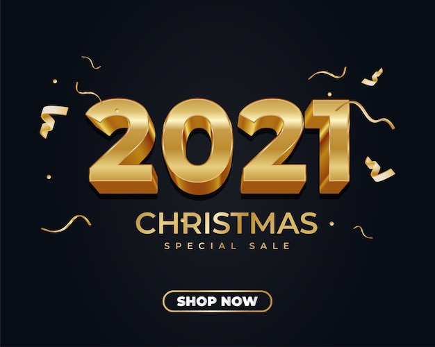 Banner de venta de navidad 2021 con número de oro 3d y cinta dorada sobre fondo oscuro