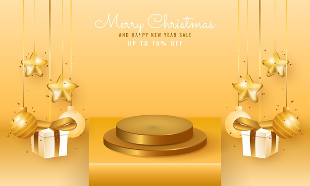 Banner de venta de navidad y año nuevo moderno 3d con podio y adornos navideños colgantes