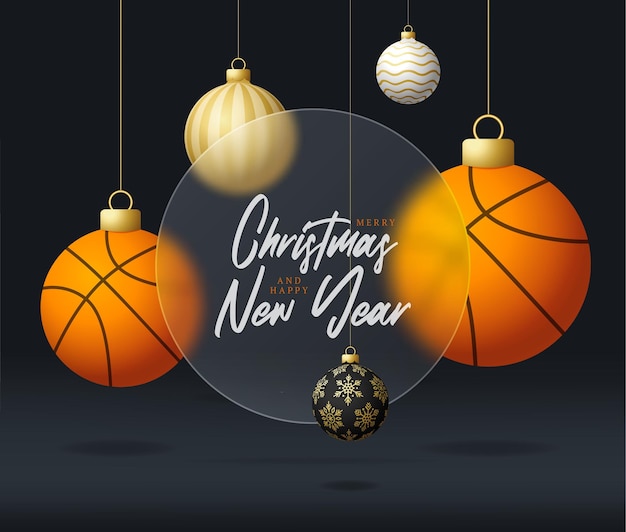 Banner de venta de navidad de baloncesto o tarjeta de felicitación feliz navidad y feliz año nuevo banner deportivo con efecto de desenfoque de morfismo de vidrio o morfismo de vidrio ilustración vectorial realista