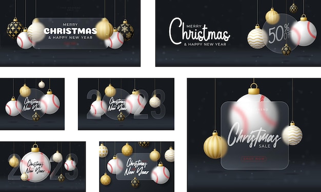 Banner de venta de navidad de béisbol o tarjeta de felicitación feliz año nuevo y feliz banner de deporte de navidad con efecto de desenfoque de morfismo de vidrio o morfismo de vidrio ilustración vectorial realista