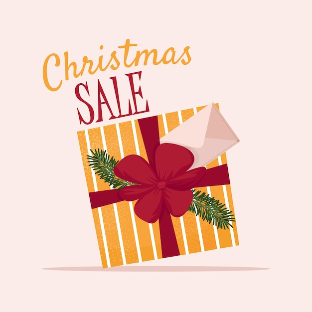 Banner de venta de navidad con caja de regalo ilustración de vector lindo en estilo plano