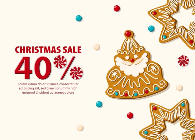 Banner de venta de navidad con ilustración de vector de galletas de jengibre