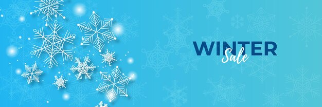 Banner de venta de Navidad de invierno brillante azul con nieve, palmera, copo de nieve y montaña.