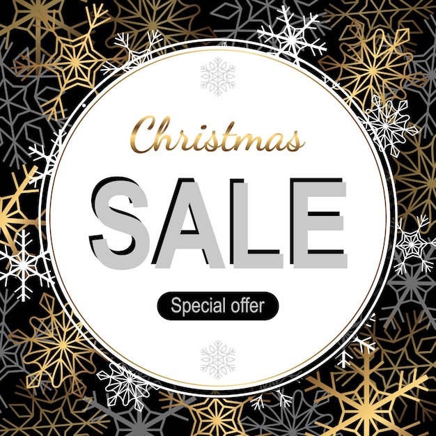 Banner de venta de Navidad de vector Copos de nieve dorados y blancos aislados dispuestos en un círculo
