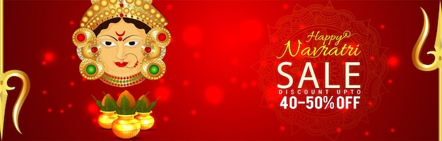 Banner de venta de navratri feliz con ilustración vectorial de la diosa durga