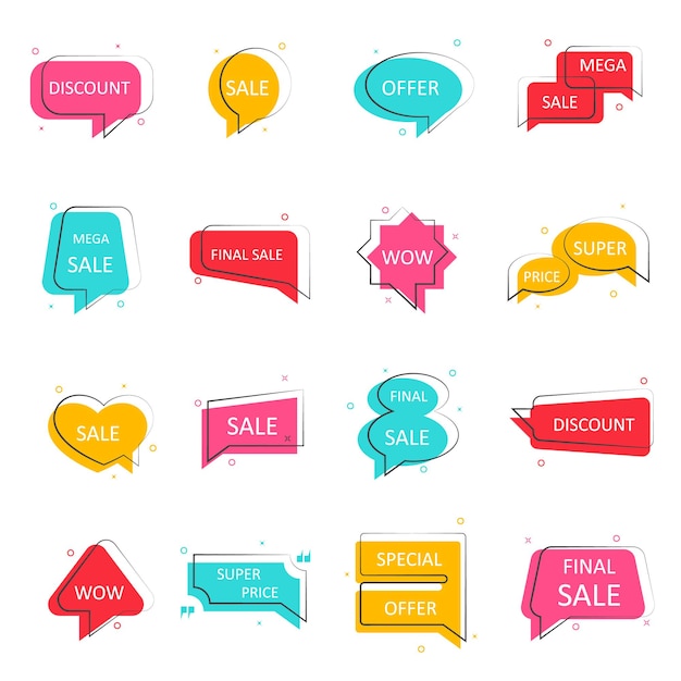 Banner de venta de oferta especial. Grandes iconos de mega descuento. Conjunto de burbujas de discurso. Color chats marcos para su diseño. Ilustración vectorial.