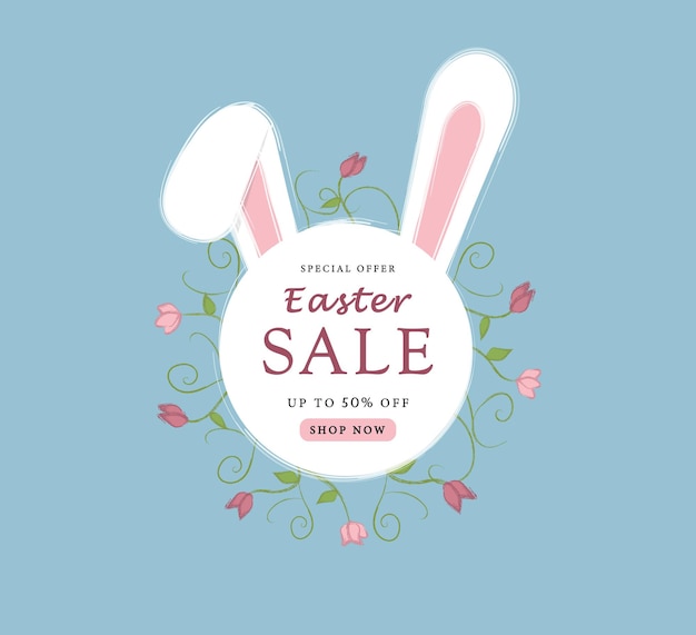 Banner de venta de oferta especial de Pascua con marco de orejas de conejo y plantilla de diseño de flores