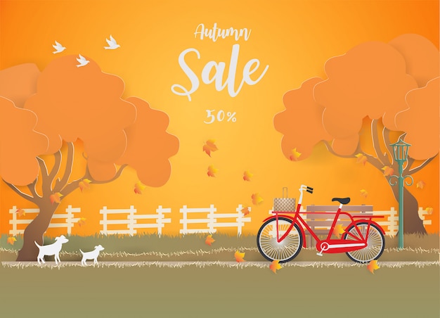 Vector banner de venta otoño con bicicleta roja debajo del árbol