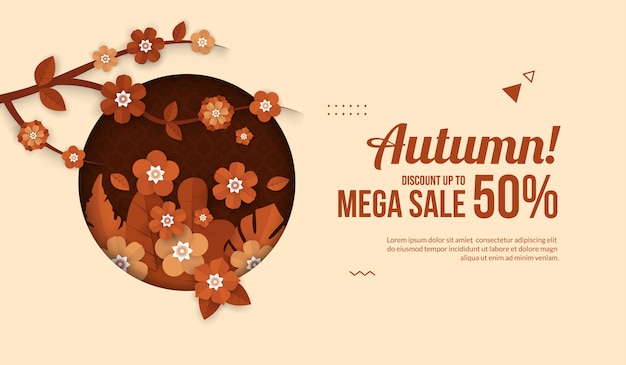 Banner de venta de otoño con elementos de flores en estilo de corte de papel para venta de compras o póster promocional