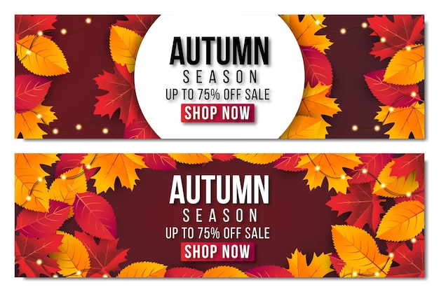 Banner de venta otoño establece fondo con hoja. oferta especial hasta 75% premium vector