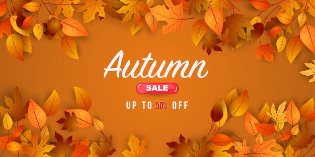 Banner de venta otoño con hojas caídas