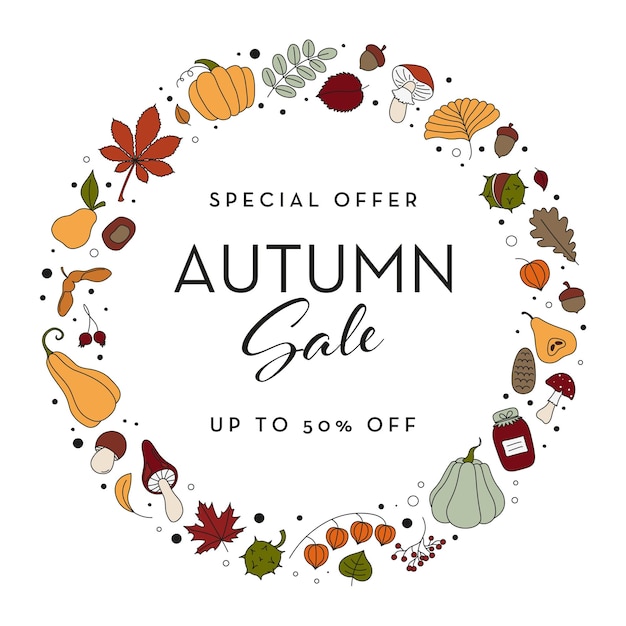 Vector banner de venta de otoño con hojas de estilo doodlestyle estacionales, calabaza y elementos de setas ilustración vectorial marco circular con espacio vacío