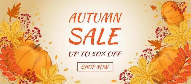 Banner de venta de otoño Hola otoño Hojas de otoño calabaza y bayas de serbal