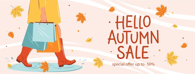 Vector banner venta de otoño mujer con compras en otoño