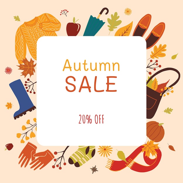 Banner de venta de otoño con objetos dibujados a mano Banner de ilustración de vector de dibujos animados