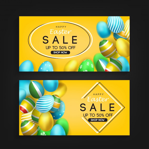 Banner de venta de pascua con elemento de huevos 3d