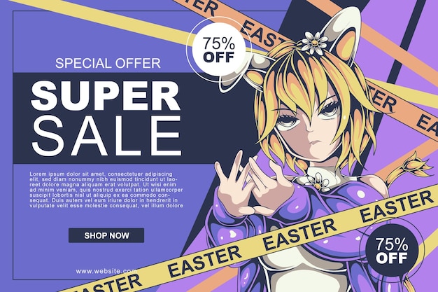 Vector banner de venta de pascua con estilo anime