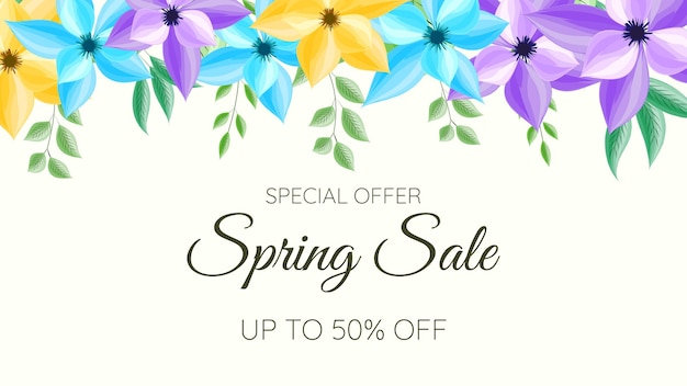 Banner de venta de primavera, cartel de descuento floral de temporada con flores