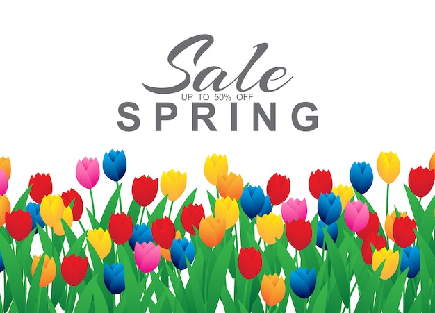 Banner de venta de primavera con coloridas flores de tulipán
