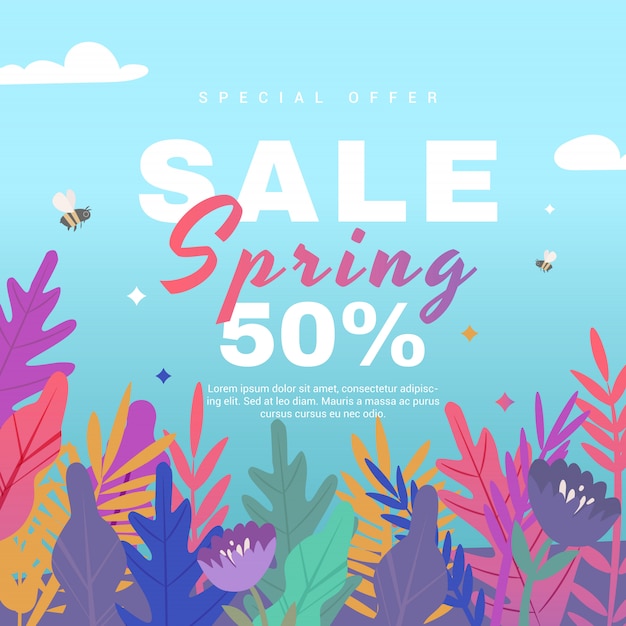 Vector banner de venta de primavera con flores en azul