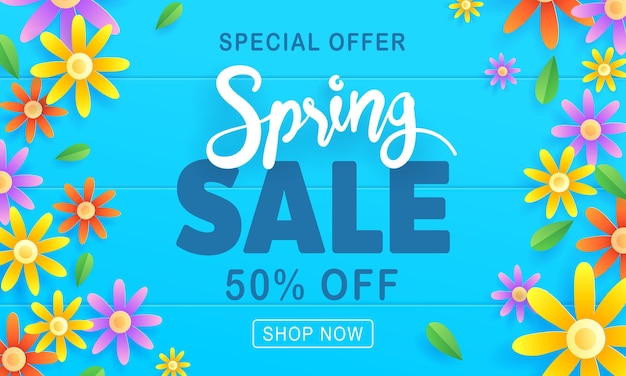Vector banner de venta de primavera con flores de papel sobre un fondo azul banner perfecto para promociones sitios web ilustración vectorial
