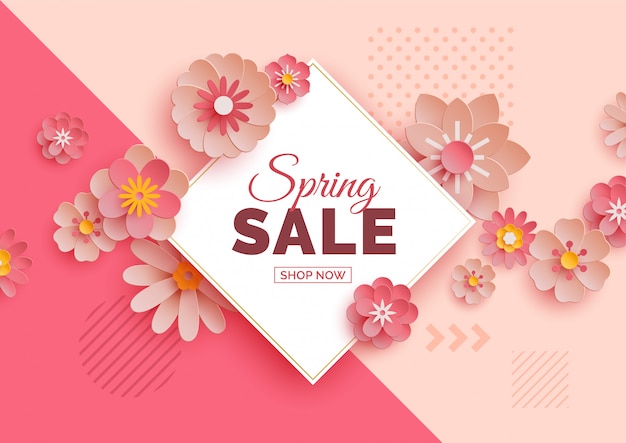 Banner de venta de primavera con flores de papel
