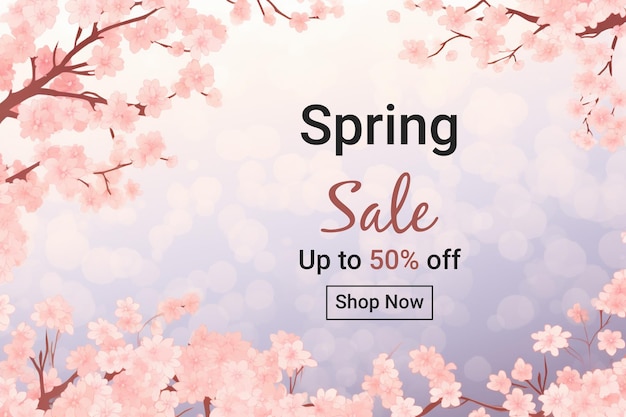 Banner de venta de primavera con fondo de flor de cerezo