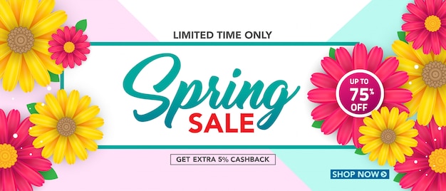 Vector banner de venta de primavera con hermosa flor colorida