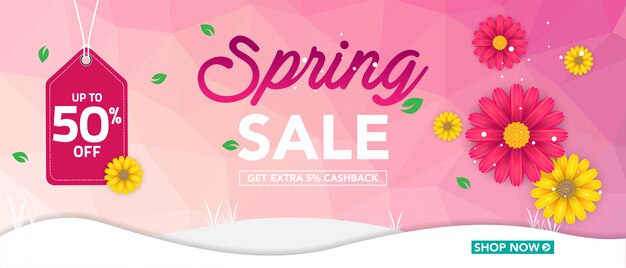 Banner de venta de primavera con hermosa flor colorida