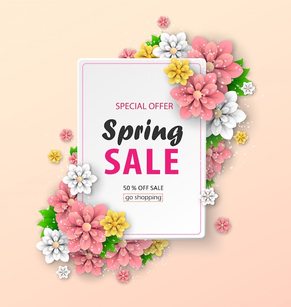 Banner de venta de primavera con hermosas flores.