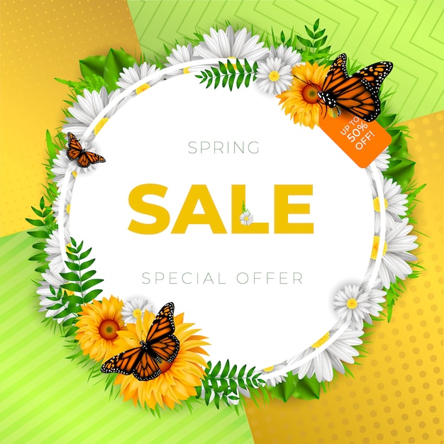 Vector banner de venta de primavera con marco floral