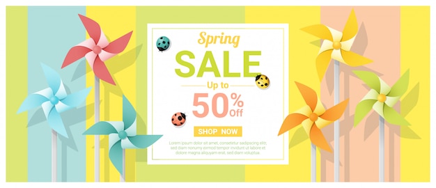 Vector banner de venta de primavera con molinetes de colores