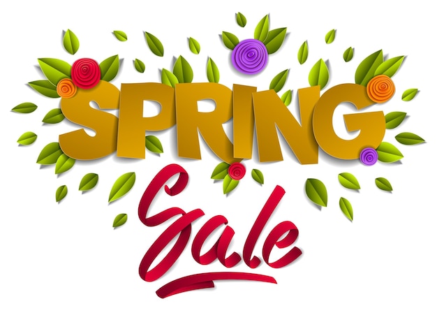 Banner de venta de primavera, palabras de corte de papel y cinta con flores y hojas vector ilustración 3d de corte de papel de dibujos animados de estilo moderno.