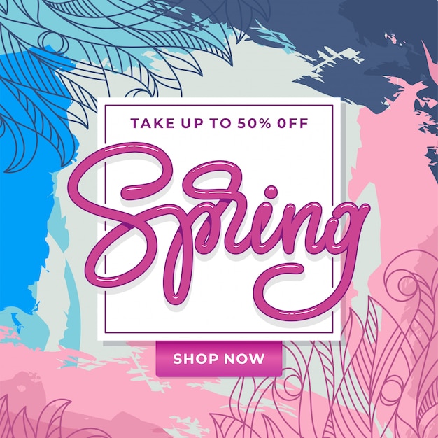 Banner de venta de primavera con patrón floral bosquejado a mano. Plantilla para pancarta, tarjeta, folleto, póster. Tipografía hecha a mano. ilustración.