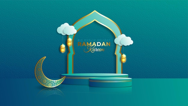 Banner de venta de ramadan kareem realista con podio 3d