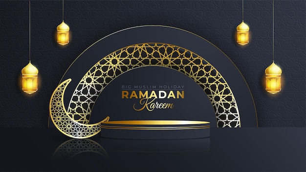 Vector banner de venta de ramadan kareem realista con podio 3d