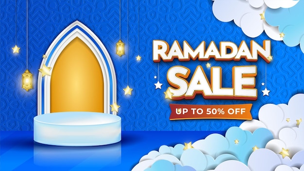 Banner de venta de ramadán con podio y fondo azul en relieve