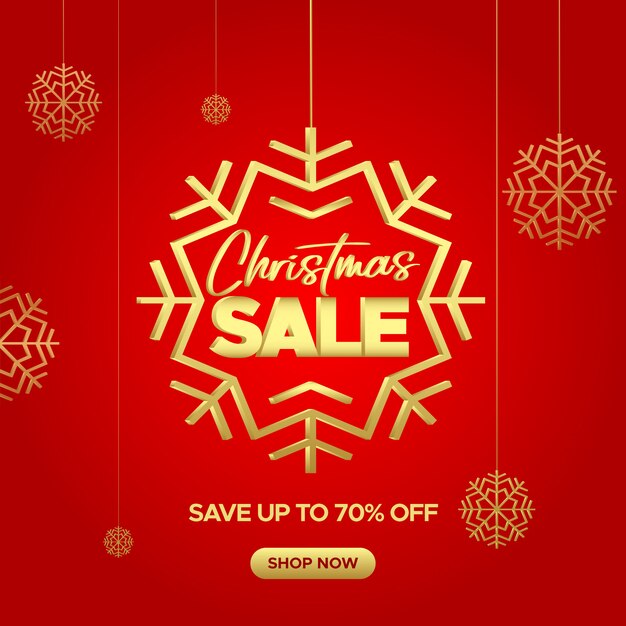 Banner de venta rojo de Navidad con copos de nieve dorados para web y redes sociales