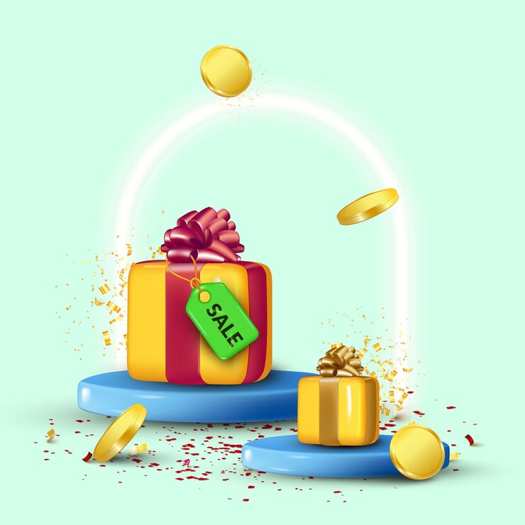 Banner de venta de san valentín con cajas de regalo realistas en el podio