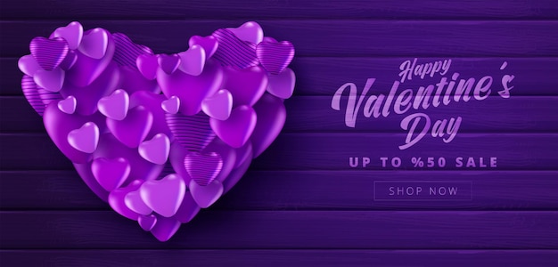 Vector banner de venta de san valentín con color púrpura muchos corazones dulces sobre fondo de color púrpura con textura de madera. promoción y plantilla de compras o por amor y san valentín.