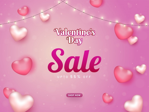 Banner de venta de san valentín con oferta de descuento del 55%