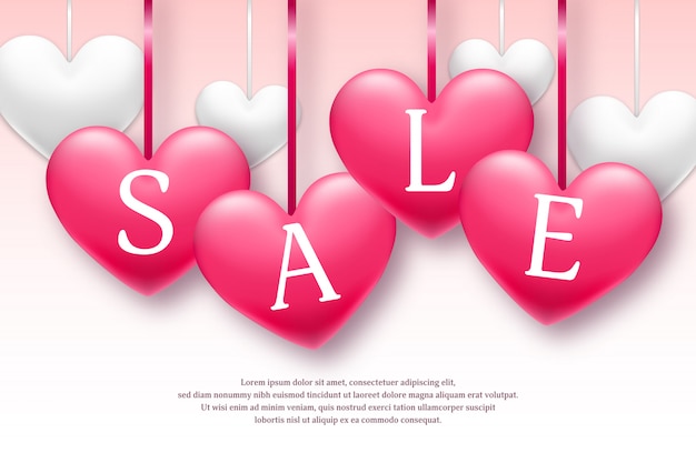 Banner de venta de vacaciones de san valentín con corazones de color rosa y blanco. por tiempo limitado. vector