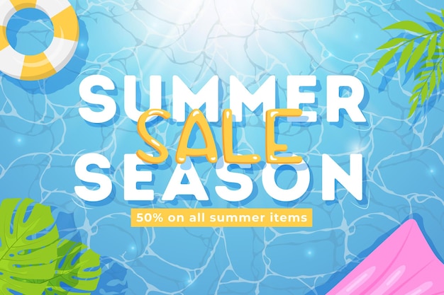 Banner de venta de verano azul. Vista superior sobre el mar, los rayos del sol y los objetos.