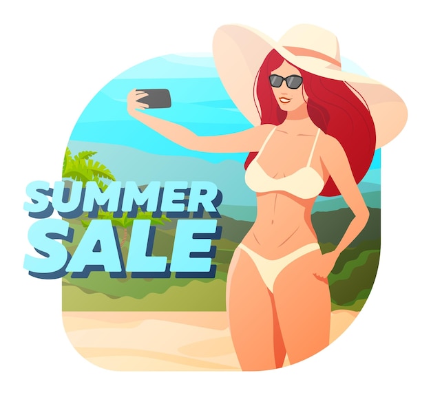 Vector banner venta de verano con una chica pelirroja con un sombrero que se toma un selfie en el fondo de la playa